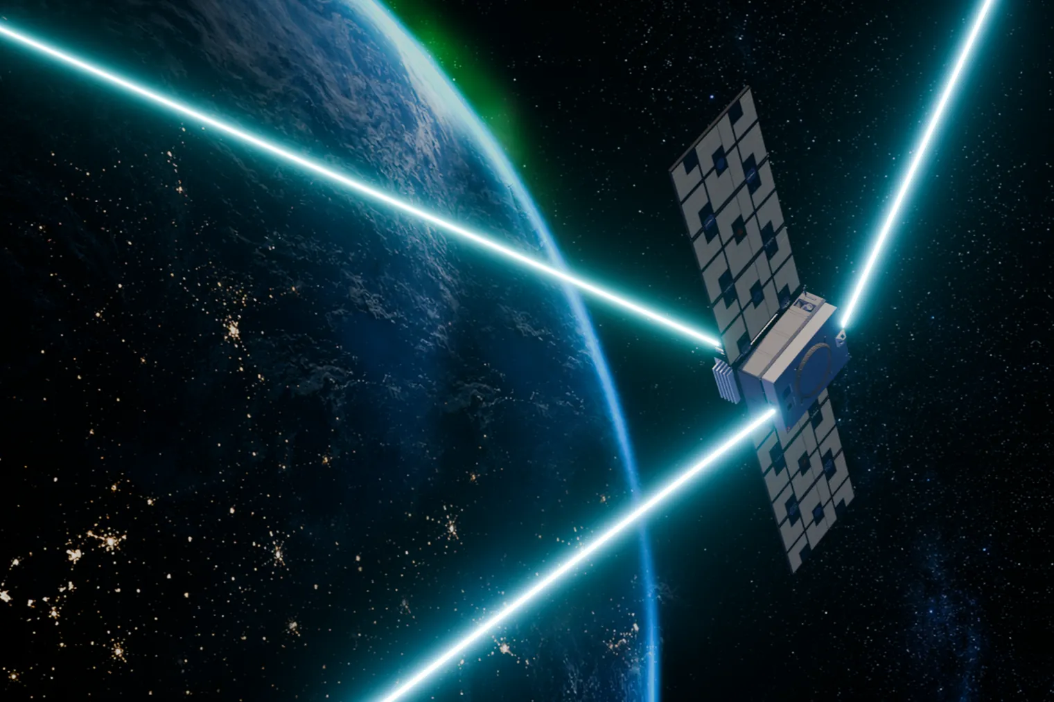 Render of Aethero spacecraft exchanging laser links above Earth