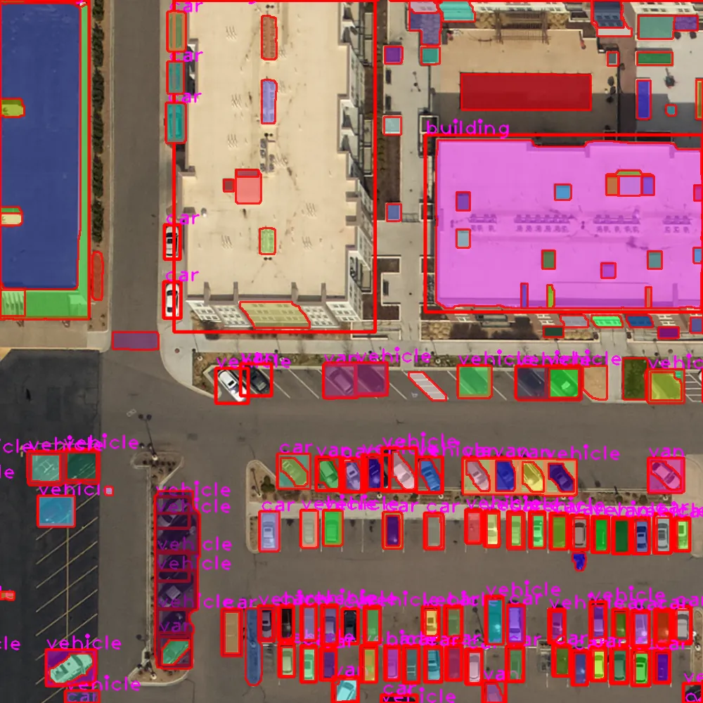 Segmented satellite imagery showing building footprints and roads