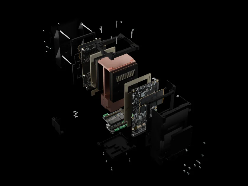 Exploded view of the NxA-ECM — enclosure, compute cards, copper core and supervisor