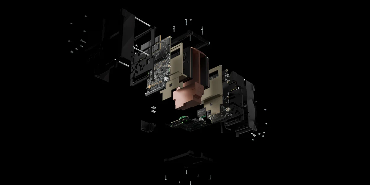 Exploded view of the NxA-ECM — enclosure, compute cards, copper core and supervisor