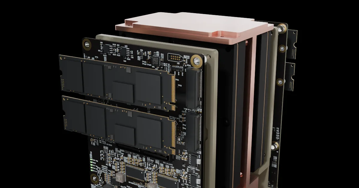 NxA-ECM compute card showing dual NVMe drives beside the copper heat spreader