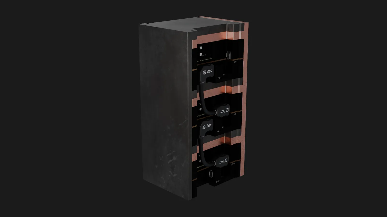 Several NxN-ECM modules stacked with daisy-chained Ethernet