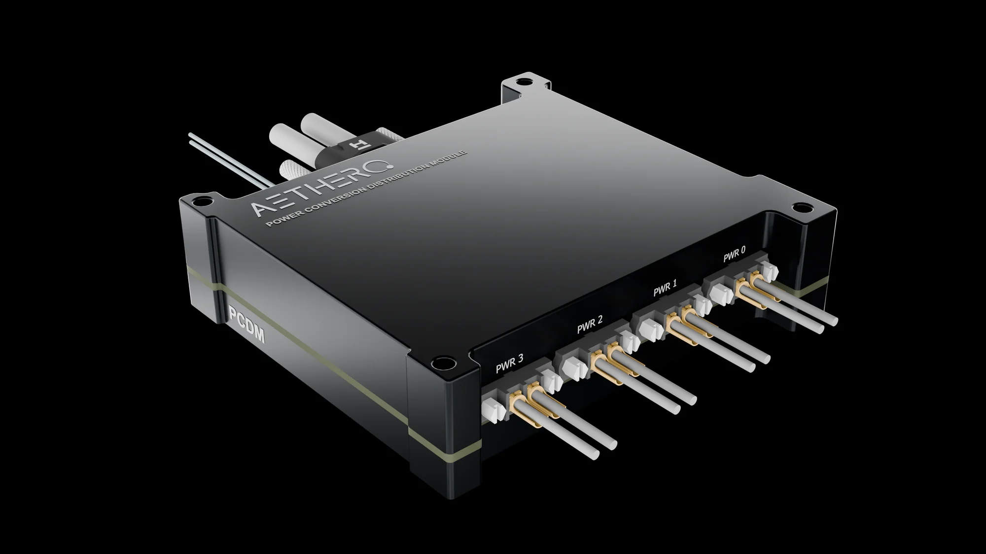 Aethero Power Conversion & Distribution Module — enclosed unit with four PWR channel connectors