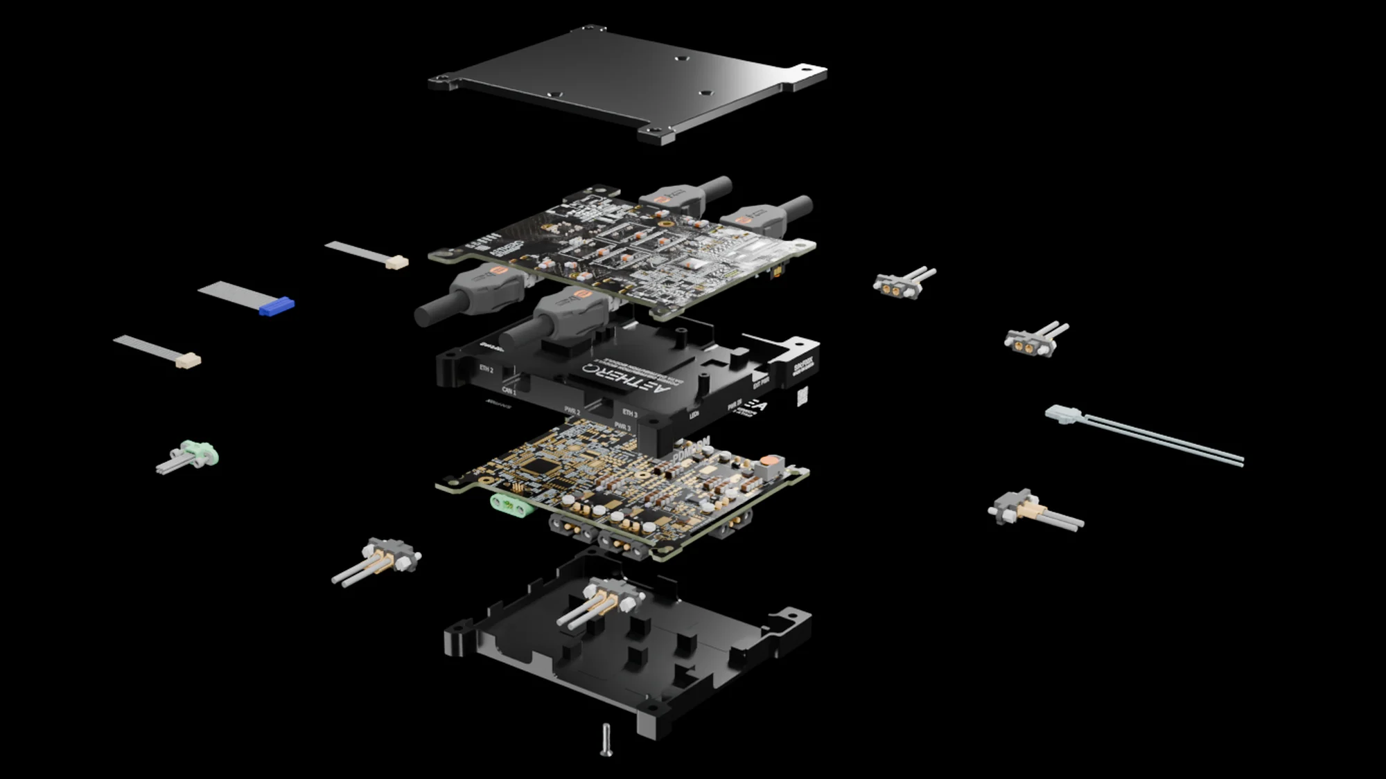 Exploded view of the stacked PDM + DDM module: lid, DDM board, PDM board, base and connectors