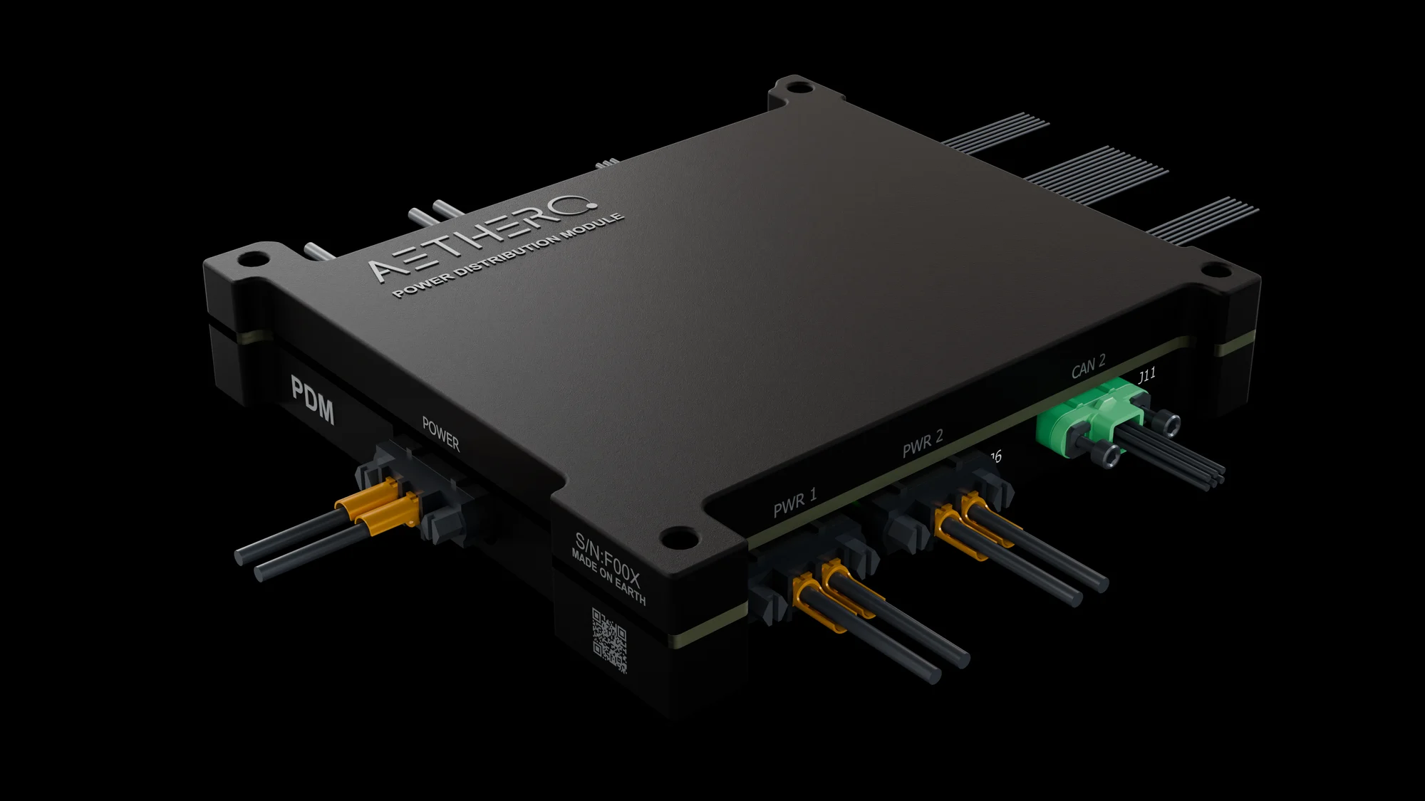 Aethero Power Distribution Module — enclosed unit with four power channel connectors