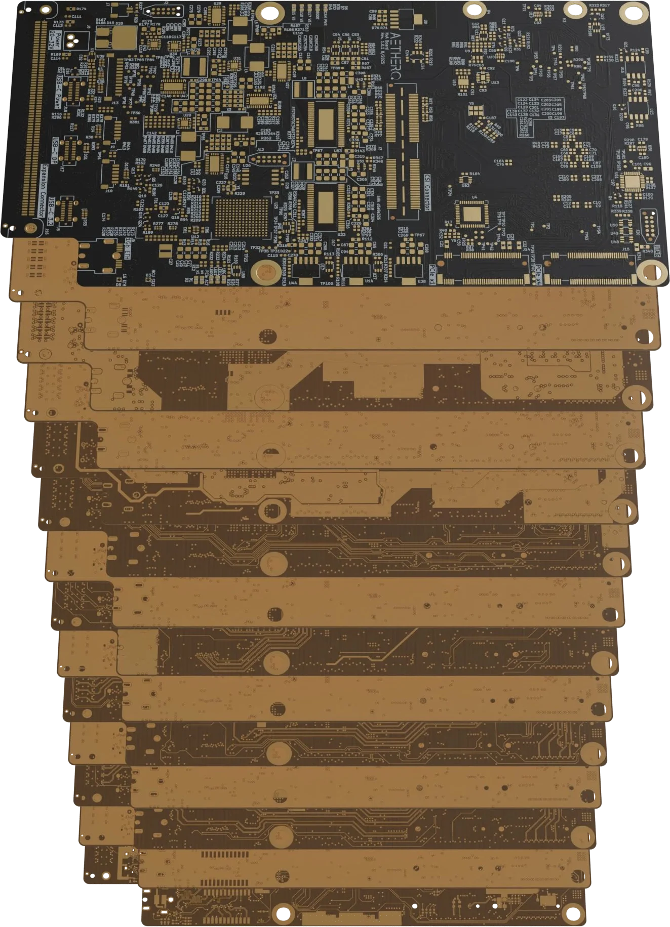 Stack of NxA compute cards — bare boards