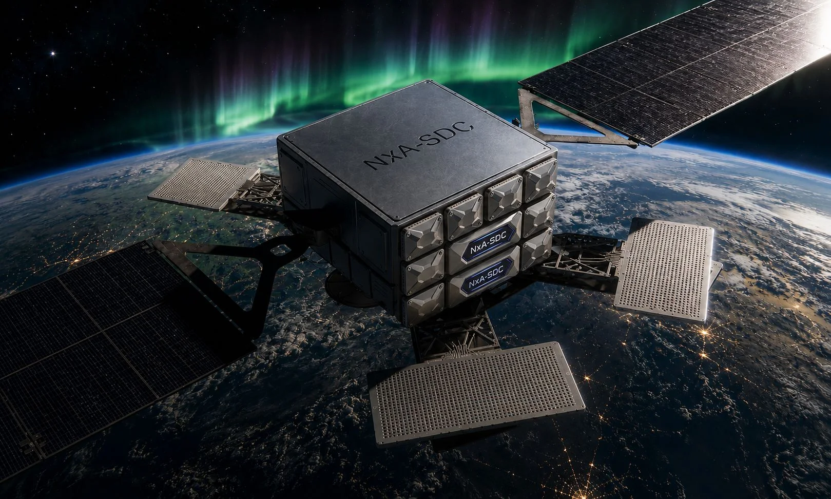 NxA-SDC nodes mounted on a spacecraft bus above Earth with aurora — Aethero render