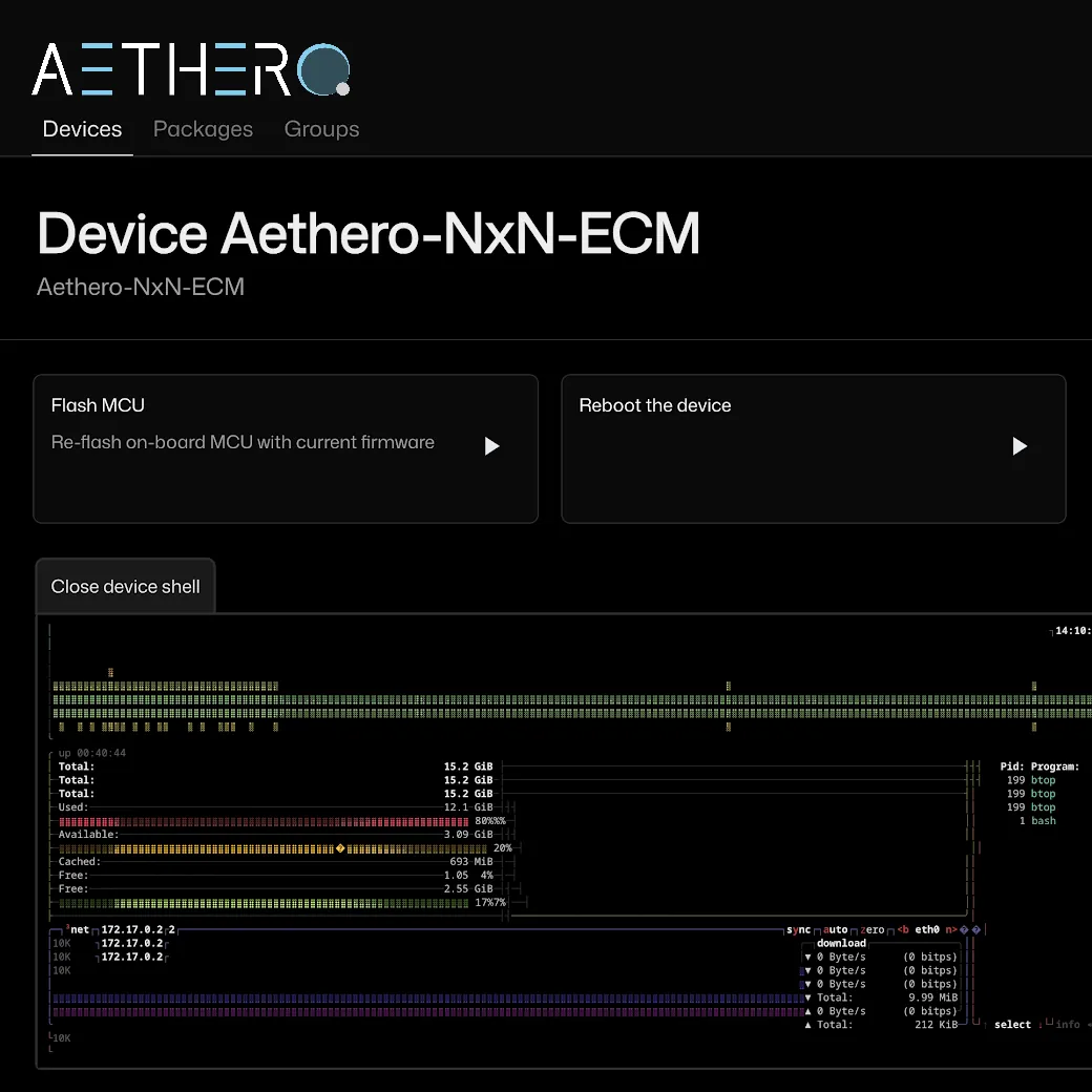 Aether device detail view for an NxN-ECM, showing telemetry and controls