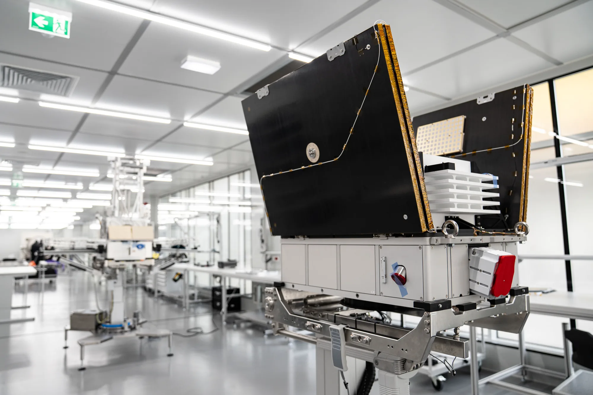 Titan spacecraft on the EnduroSat FRAME-15 bus with solar arrays deployed in the clean room