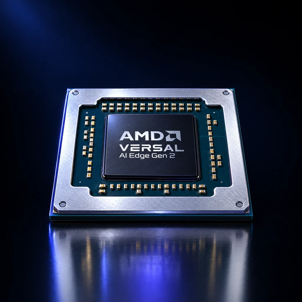 AMD Versal AI Edge Gen 2 package, low angle — concept render